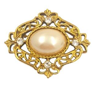 Gold Tone Pink Stone w/ Gem Brooch
